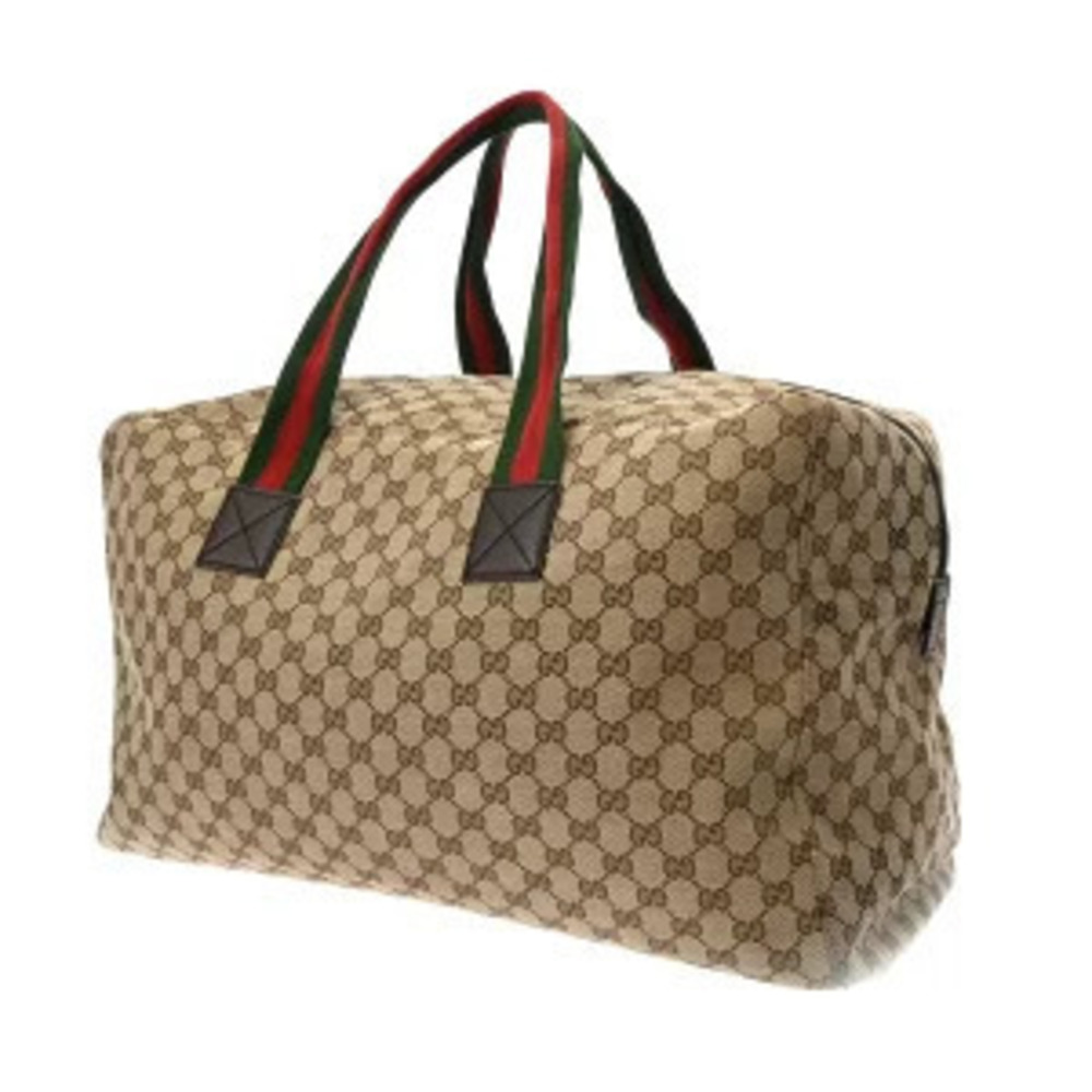Gucci GG Beige Canvas Sherry Boston Leather Ebony Bag Brown